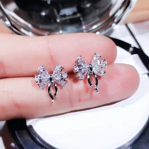 Silver Bow Crystal Stud Earrings - Sparkling Bow Design